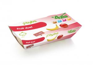 Baby Food with orange ,apple, and banana. 